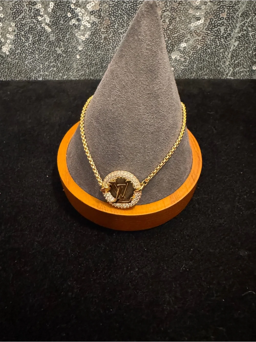 Louis Vuitton Gold-Tone Crystal LV Circle Pendant Necklace